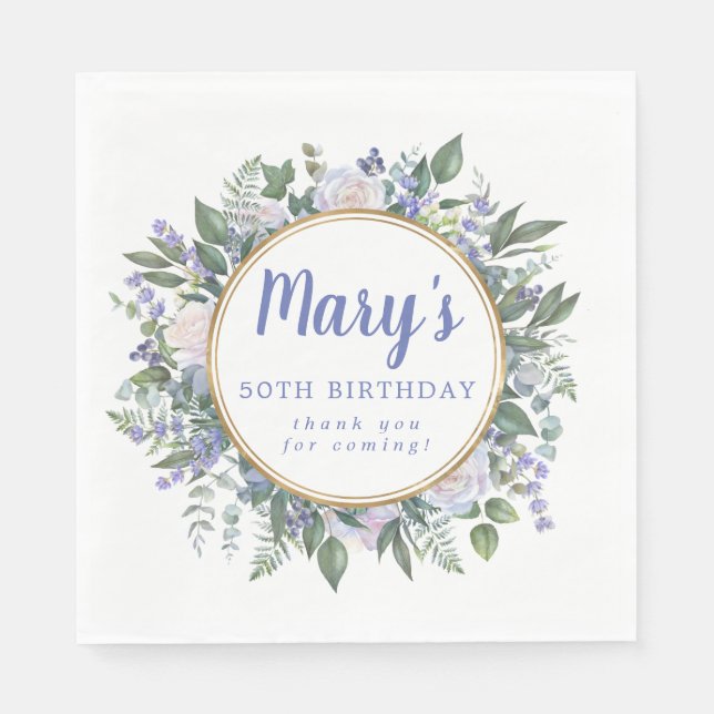 Guardanapo De Papel Blue White Floral 50º Aniversário Obrigado (Frente)