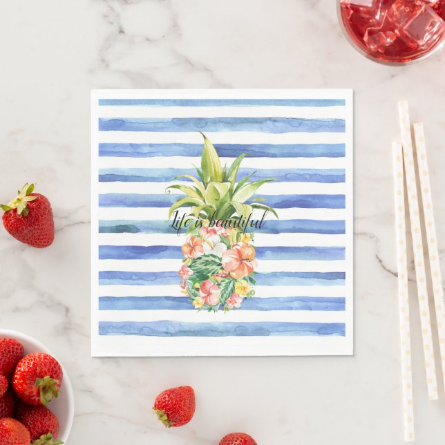 Guardanapo De Papel Blue White Stripes Tropical Floral Pineapple (Insitu)