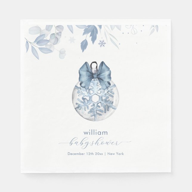 Guardanapo De Papel Blue Winter Bow Snowflake Ornament Baby Shower  (Frente)