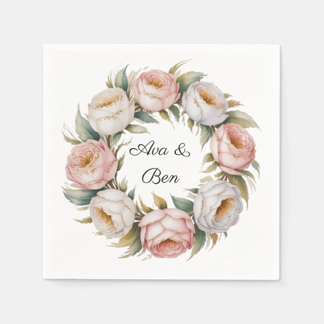 Guardanapo De Papel Blush and Ivory Rose Floral Wreath Wedding (Frente)