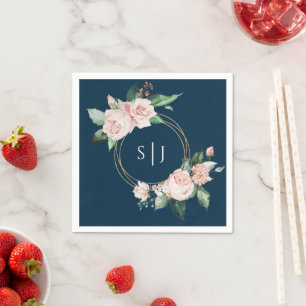 Guardanapo De Papel Blush Floral Marinho Monograma Napkins