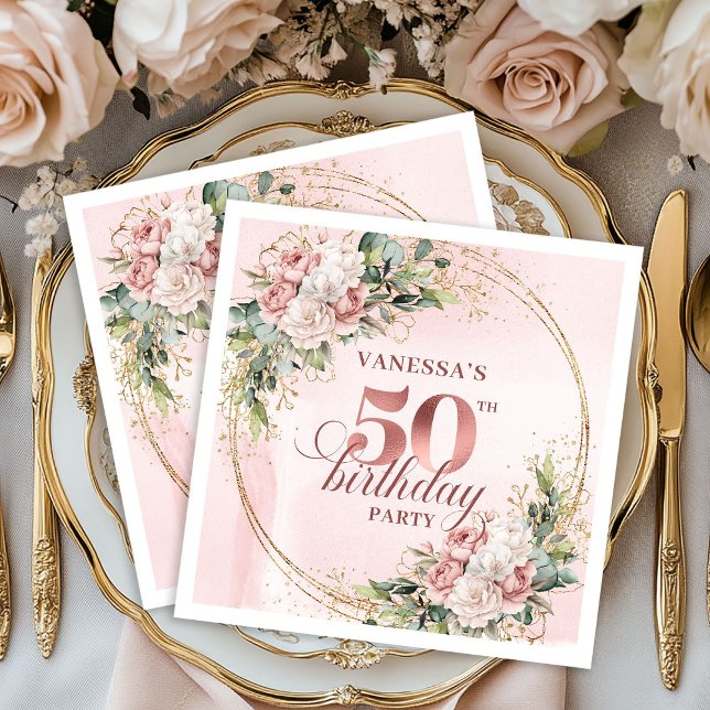 Guardanapo De Papel Blush Floral Rose Gold 50th Birthday Beverage   (Blush Floral Rose Gold 50th Birthday Beverage Napkins)