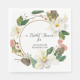 Guardanapo De Papel Blush Floral White Magnolia Água Dourada Folha