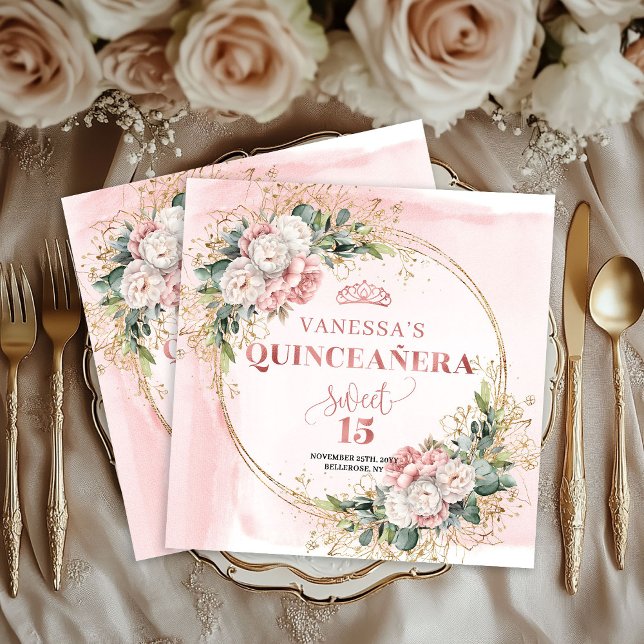 Guardanapo De Papel Blush Pink Greenery Quinceañera Party Napkins (Blush Pink Greenery Quinceañera Party Napkin Design)