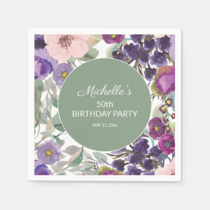Guardanapo De Papel Blush Roxo Floral Verde Sage Aniversário de 50 ano