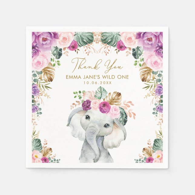 Guardanapo De Papel Blush Violet Tropical Jungle Elephant Wild One (Frente)