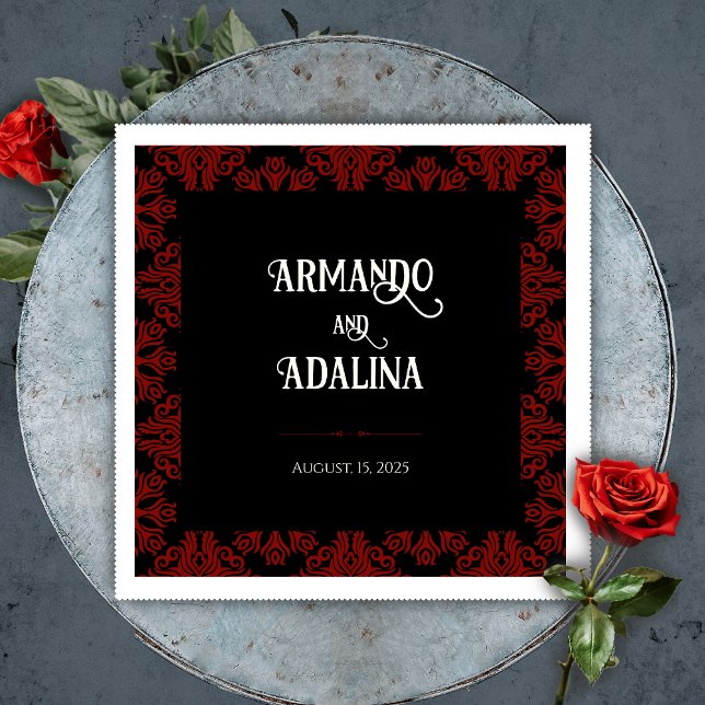 Guardanapo De Papel Boas-vindas ao casamento negro e vermelhos (Black and Red Floral Gothic Dark Wedding Welcome Napkins)
