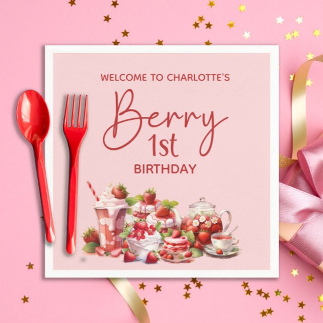 Guardanapo De Papel Boas-vindas Berry primeiro aniversario Rosa Morang (Berry 1st birthday paper napkins with welcome message and your child's name)
