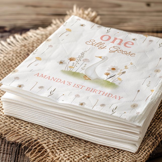 Guardanapo De Papel Bobo Rustic Beige Floral One Goose primeiro aniver (One Silly Goose 1st Birthday Paper Napkin, Personalized One Silly Goose First Birthday Paper Napkins)