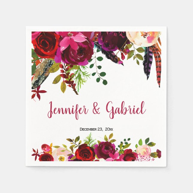 Guardanapo De Papel Bohemian Chic Burgundy Marsala Casamento Floral (Frente)