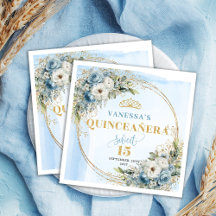 Boho Azul Claro Floral Brilho Dourado Quinceañera 