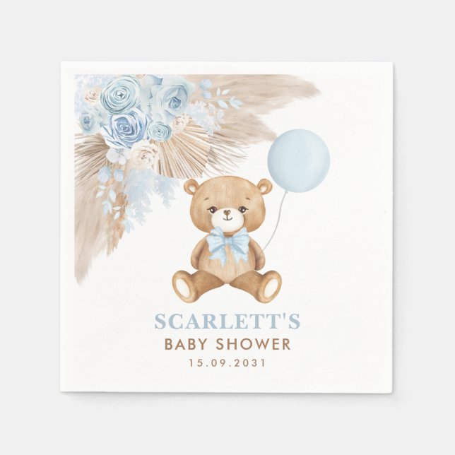 Guardanapo De Papel Boho Blue Floral Teddy Bear Baby Boy Chá (Frente)