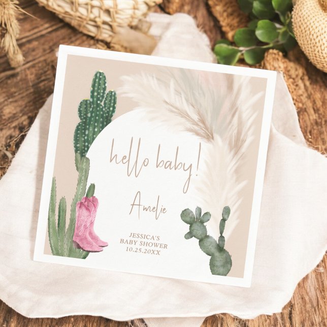 Guardanapo De Papel Boho cactus pampas bota chá de fraldas de saudação (Boho cactus pampas boots hello baby shower napkins)