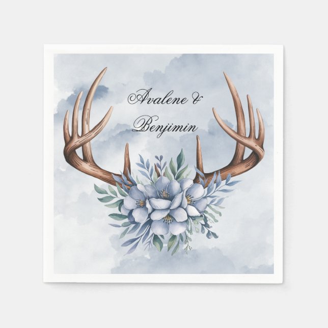 Guardanapo De Papel Boho Deer Antler com Casamento Floral Azul (Frente)