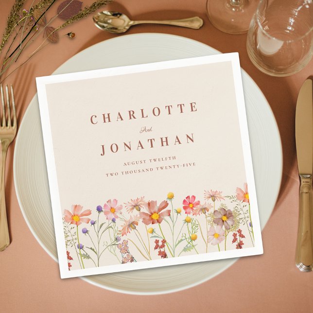 Guardanapo De Papel Boho Fall Rustic Wildflower Wedding (Boho fall rustic Wildflower Floral beige and burnt orange Wedding custom napkins Watercolor flowers)