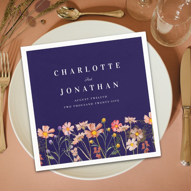Guardanapo De Papel Boho Fall Wildflower Marinho Azul Casamento (Boho fall wildflower meadow  floral navy blue and white wedding custom napkins Modern elegant )
