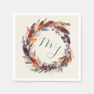 Guardanapo De Papel Boho Feather Floral Wreath Monograma Casamento