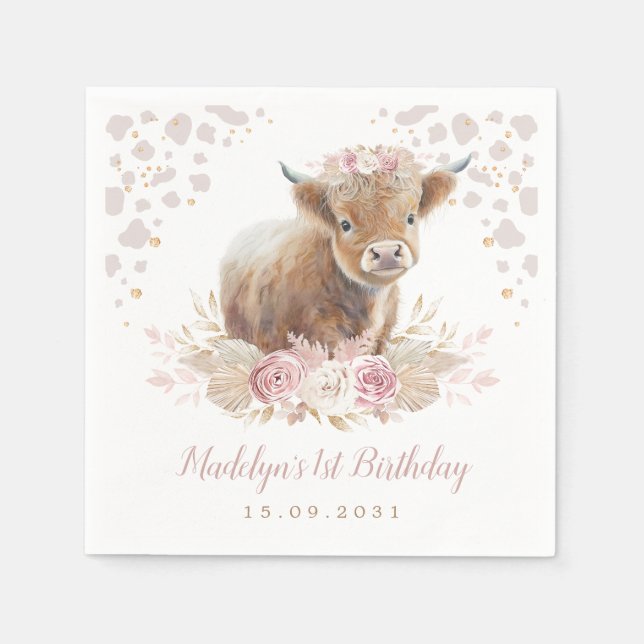 Guardanapo De Papel Boho Floral Highland Cow Girl primeiro aniversario (Frente)