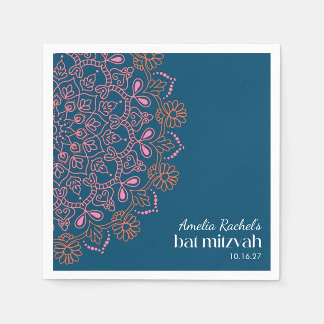 Guardanapo De Papel Boho Floral Mandala Teal Blue Bat Mitzvah Personal (Frente)