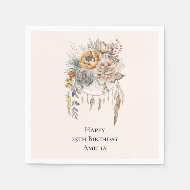 Guardanapo De Papel Boho Flores e Apanhador de Sonhos - Aniversário (Frente)