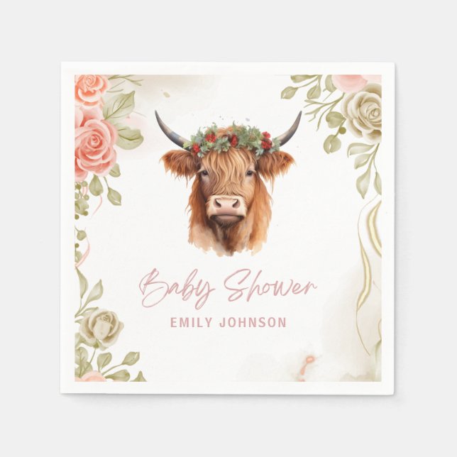 Guardanapo De Papel Boho Flowers Highland Cow (Frente)