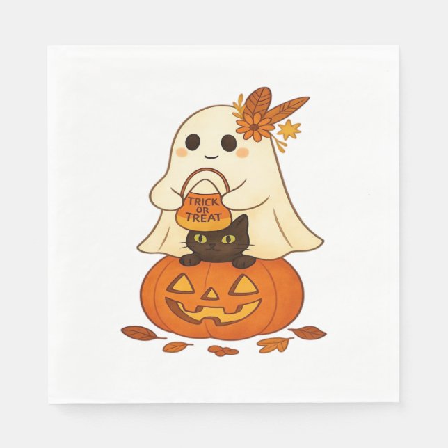 Guardanapo De Papel Boho Ghost & Black Cat - Trick ou Tratar em uma Pu (Frente)