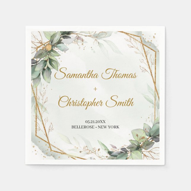 Guardanapo De Papel Boho greenery eucalyptus foliage gold casamento (Frente)