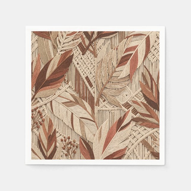 Guardanapo De Papel Boho Macrame Folhas Tropicais Terracota Bege (Frente)