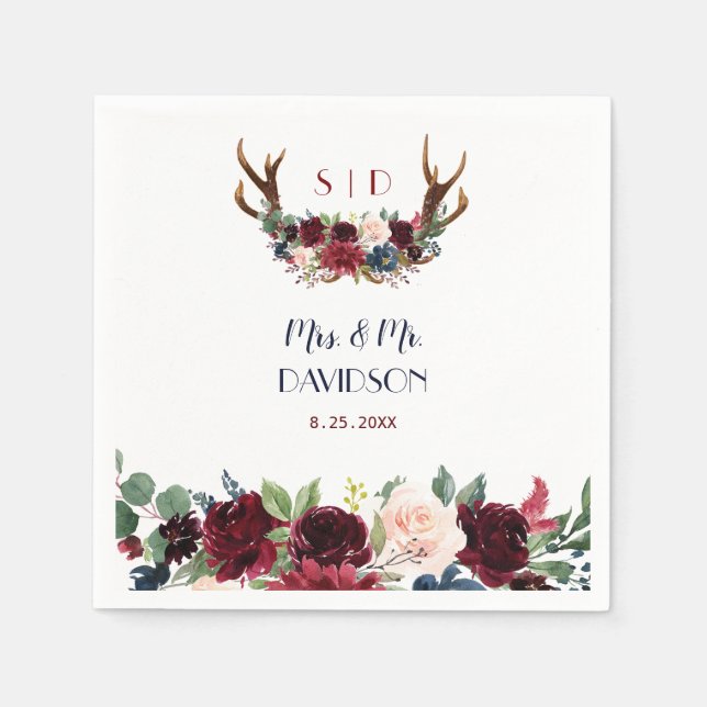 Guardanapo De Papel Boho Merlot Marinho Blue Floral Antlers Casamento (Frente)