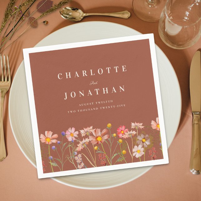 Guardanapo De Papel Boho Outono Rústico Floral de Flores Silvestres Ca (Boho fall rustic wildflower meadow burnt orange floral wedding custom napkin elegant modern)