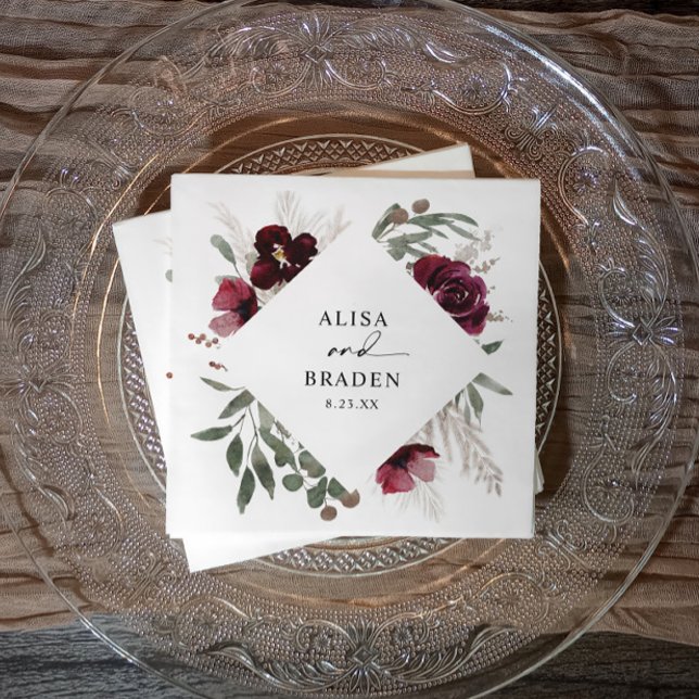 Guardanapo De Papel Boho Pampas Rosa Watercolor Wedding (Boho burgundy & pampas grass watercolor wedding napkins.)