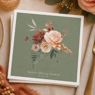 Guardanapo De Papel Boho Pêssego e Ferrugem Floral Verde Salvia Chá de