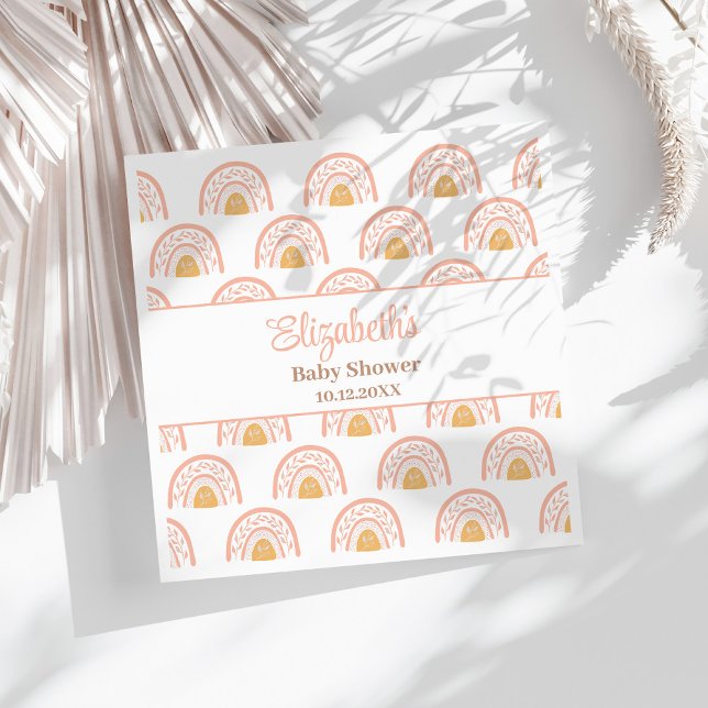Guardanapo De Papel Boho Pink Rainbow Chá de fraldas Napkins (Boho Pink Rainbow Baby Shower Napkins on a sunny white table.)