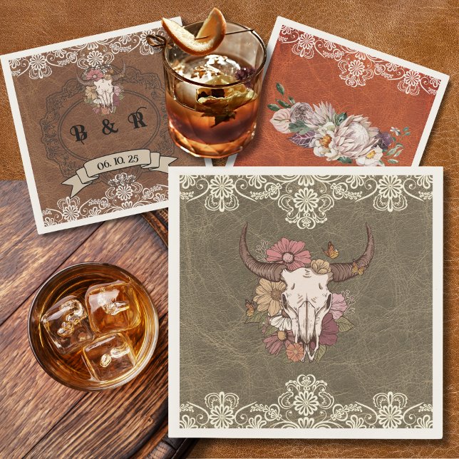 Guardanapo De Papel Boho Ranch Floral Bull Papel Crânio Coquetel Napki (Criador carregado)