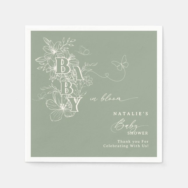 Guardanapo De Papel Boho Sage Green Floral Butterflies Baby in Bloom (Frente)