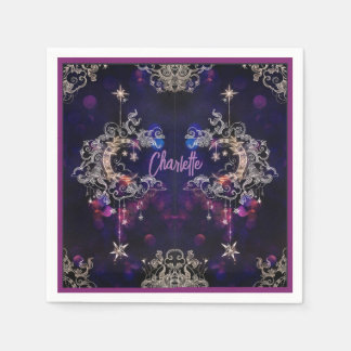 Guardanapo De Papel Boho Stars & Moon Purple Add Name Aniversário