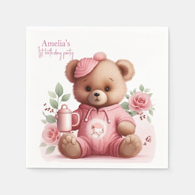 Guardanapo De Papel Boho Teddy Bear Girl Pink Bear Floral Birthday  (Frente)