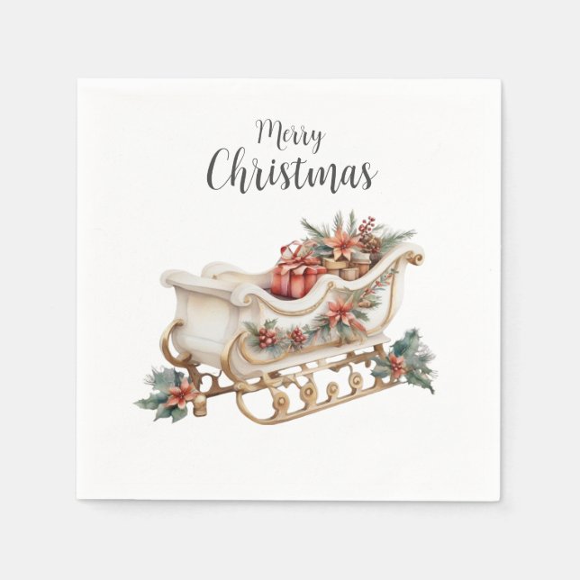 Guardanapo De Papel Boho Watercolor Sleigh Christmas Paper Napkin (Frente)