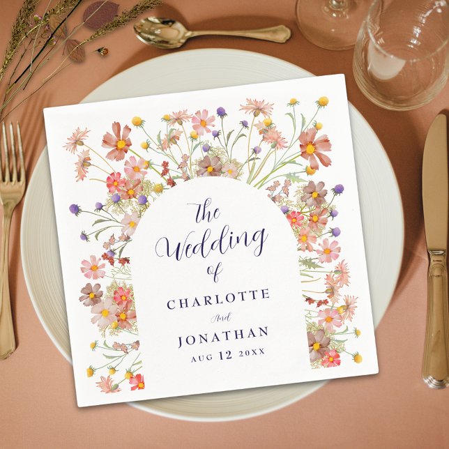 Guardanapo De Papel Boho Wildflower Rustic Arch Wedch (Boho fall rustic wildflower floral arch navy blue script white wedding custom paper napkins)