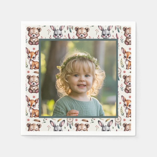 Guardanapo De Papel Boho Woodland Animals Kids Birthday Photo (Frente)