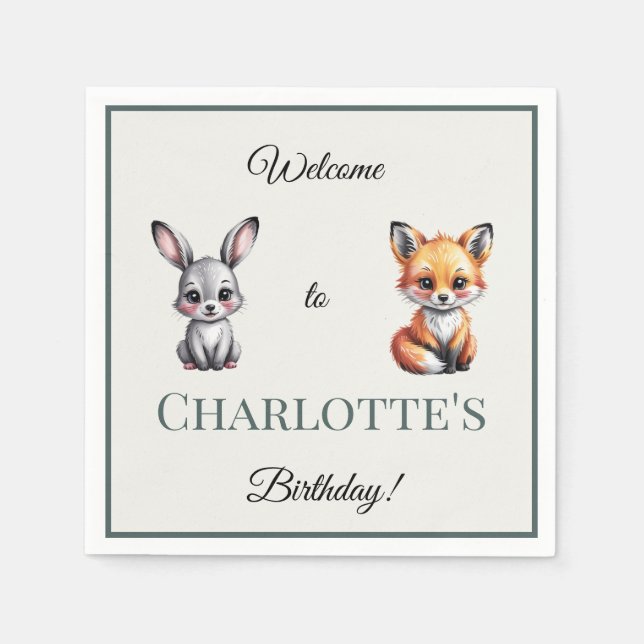 Guardanapo De Papel Boho Woodland Bunny Fox Kid's Birthday (Frente)