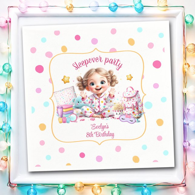 Guardanapo De Papel Bolinhas de Menina Rosa-rosa do Sleepover Slumber  (Sleepover Slumber Party Pink Cute Girl Polka Dot Napkins)