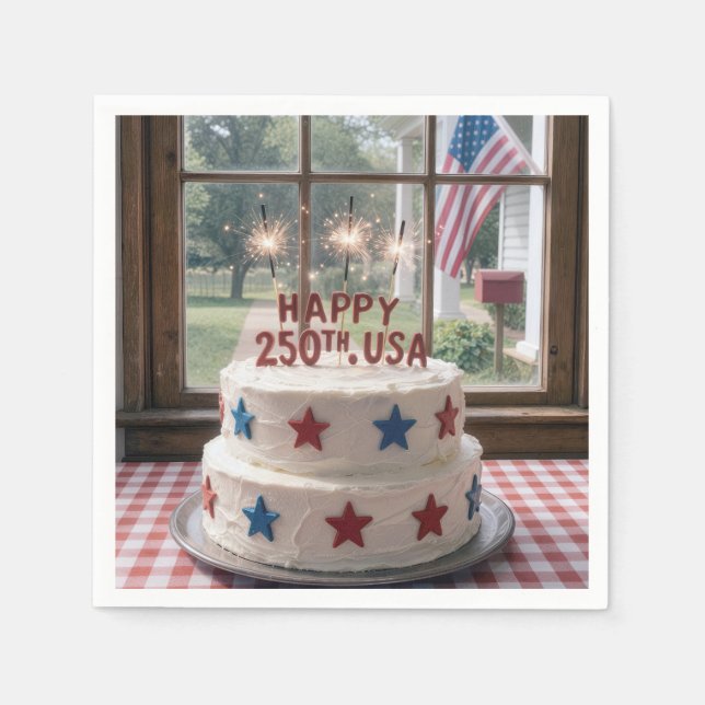 Guardanapo De Papel Bolo de Aniversário de 250 anos dos EUA com Faísca (Frente)
