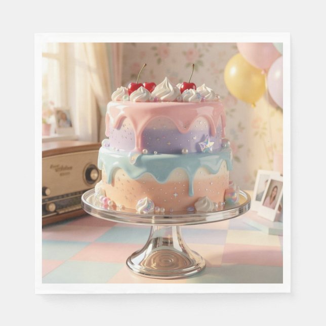 Guardanapo De Papel Bolo de Aniversário de Vidro Pastel com Cerejas (Frente)