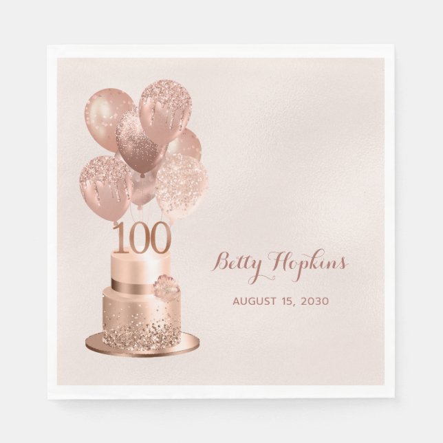 Guardanapo De Papel Bolo Dourado Rosa de 100 Anos de Idade (Frente)