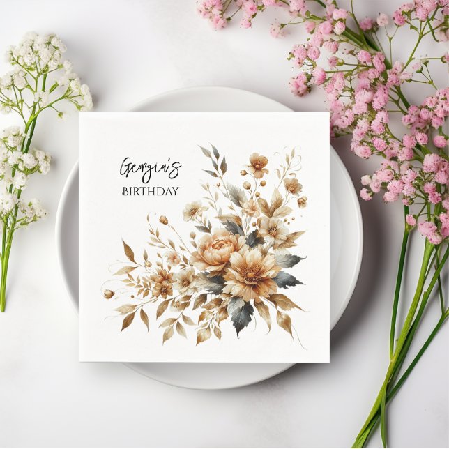 Guardanapo De Papel Bolsa mensageifesta de aniversario elegante Floral (Fall Brown Floral Elegant Birthday Party Paper Napkins.  Celebrate your birthday beautifully!!)