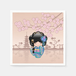 Guardanapo De Papel Boneca Keiko Kokeshi - Rapariga Kimono Geisha Azul