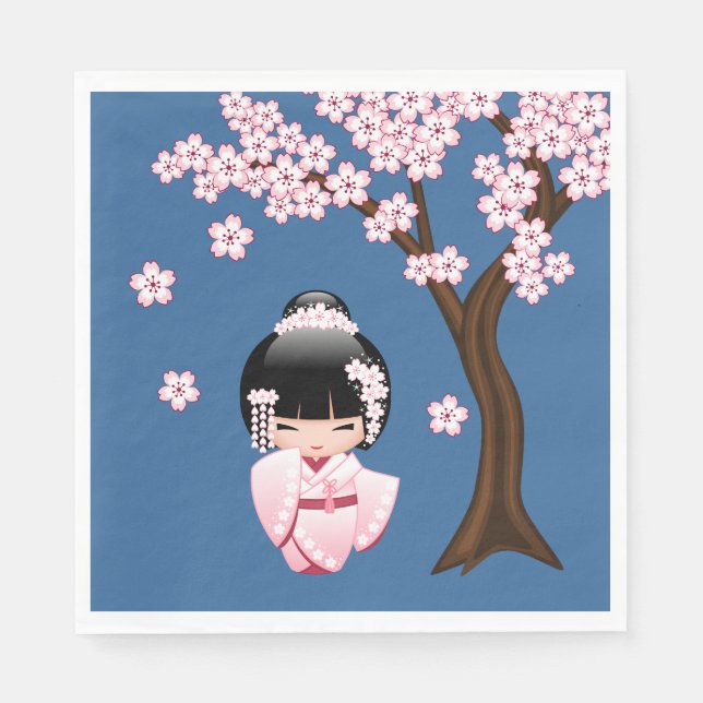 Guardanapo De Papel Boneca Kimono Kokeshi branca - Menina Gisha Bela A (Frente)