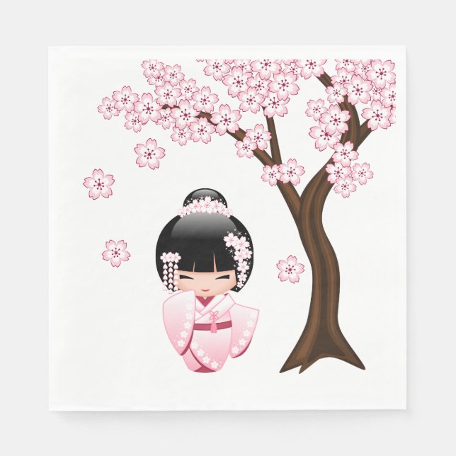 Guardanapo De Papel Boneca Kokeshi Quimono Rosa Kawaii (Frente)