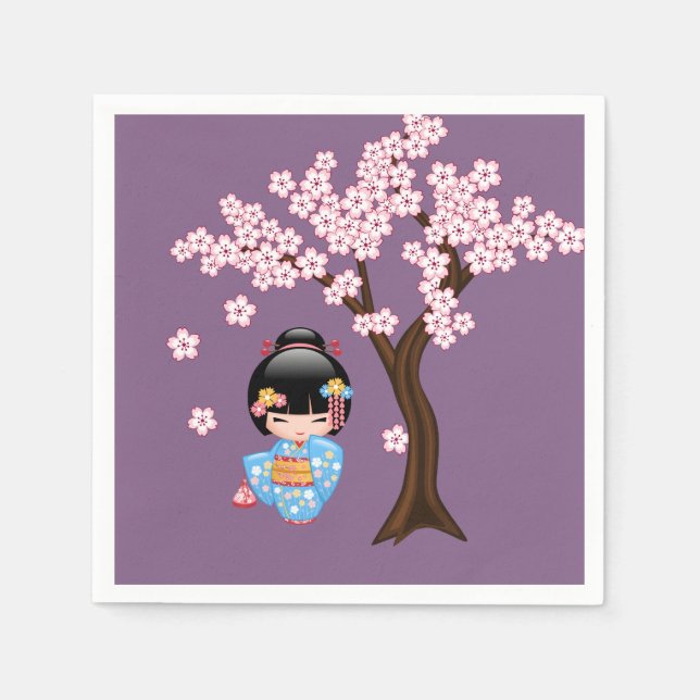 Guardanapo De Papel Boneca Maiko Kokeshi - Rapariga Kimono Geisha Azul (Frente)